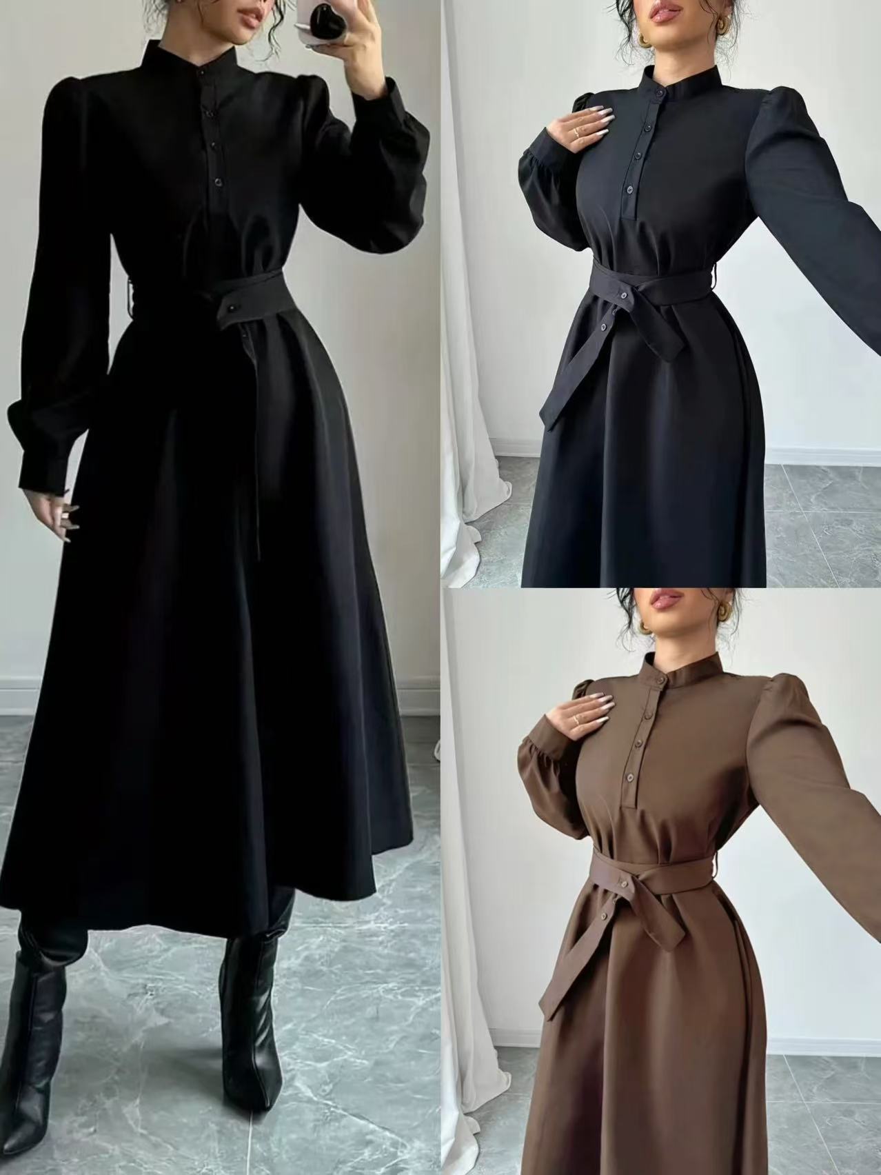 Women's Spring Button-Front Long Sleeve Shirt Dress with Waist-Defining Fit, Solid Color Midi Dress