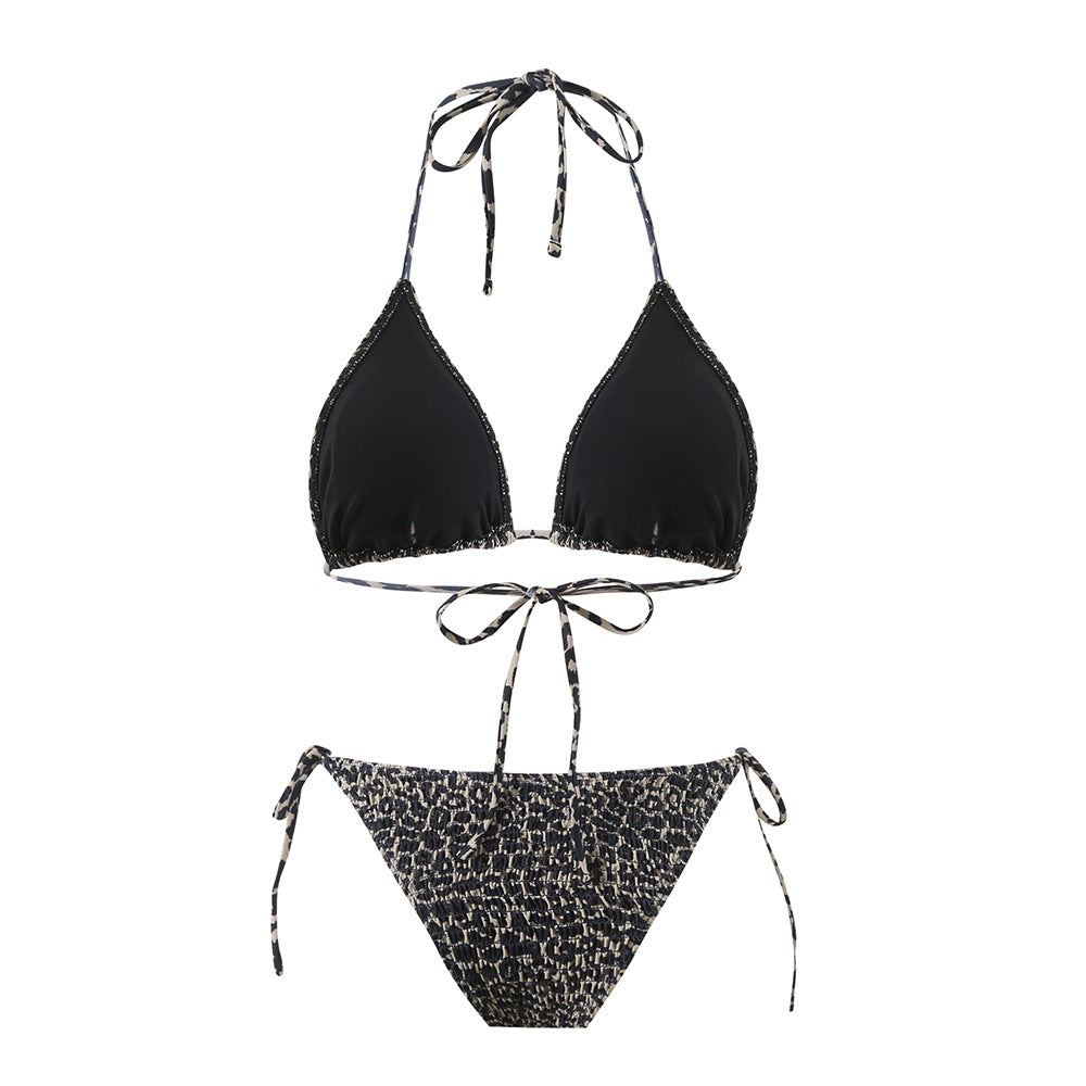 Leopard Print Lace-Up Neck Backless Three-Piece Split Swimsuit for Women