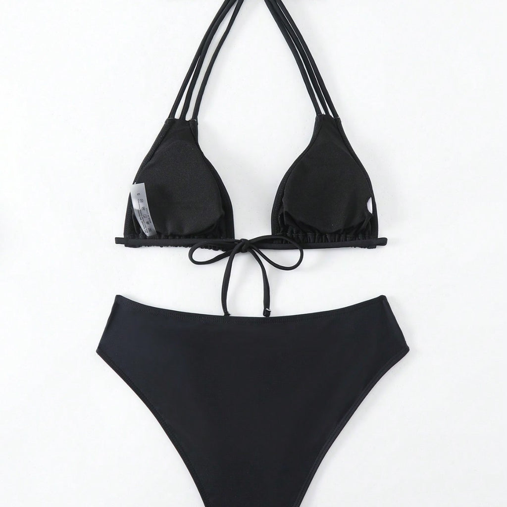 New Solid Color Hanging Neck Lace-Up Bikini with Hollow Detail and High-Waist Split Design