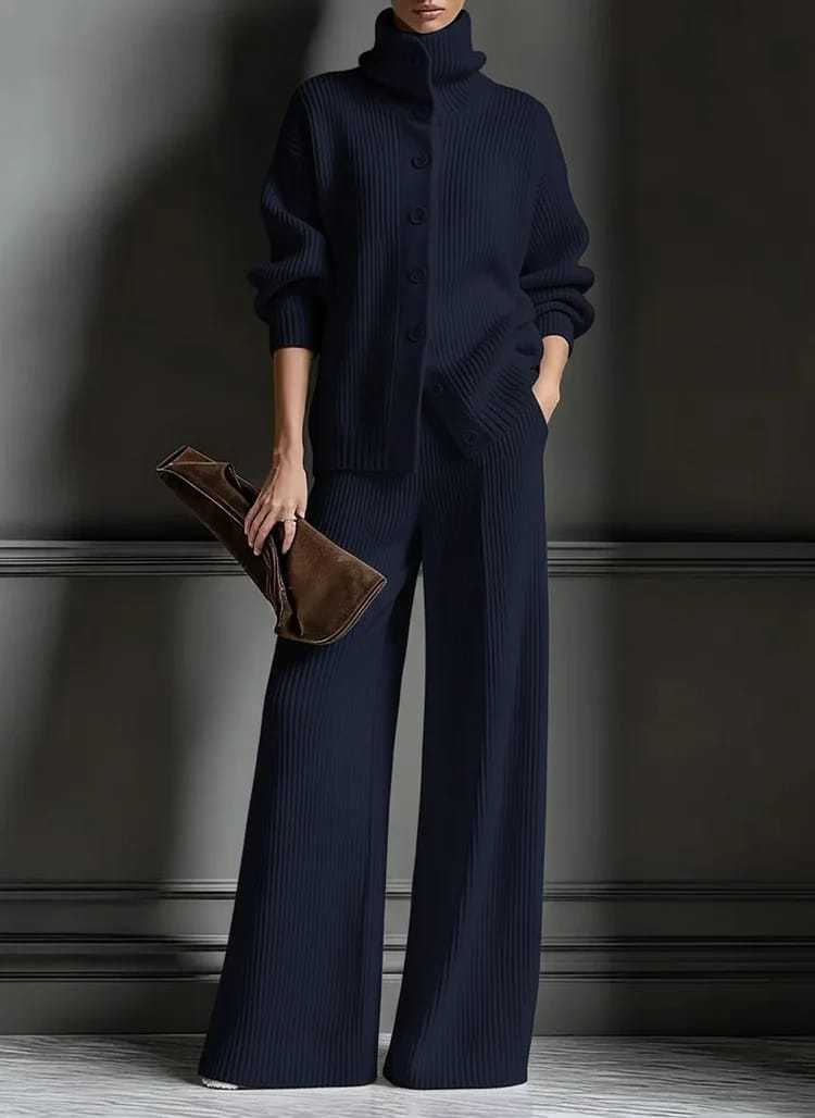 Women's High-Neck Long-Sleeve Knit Cardigan and Wide-Leg Pants Two-Piece Set