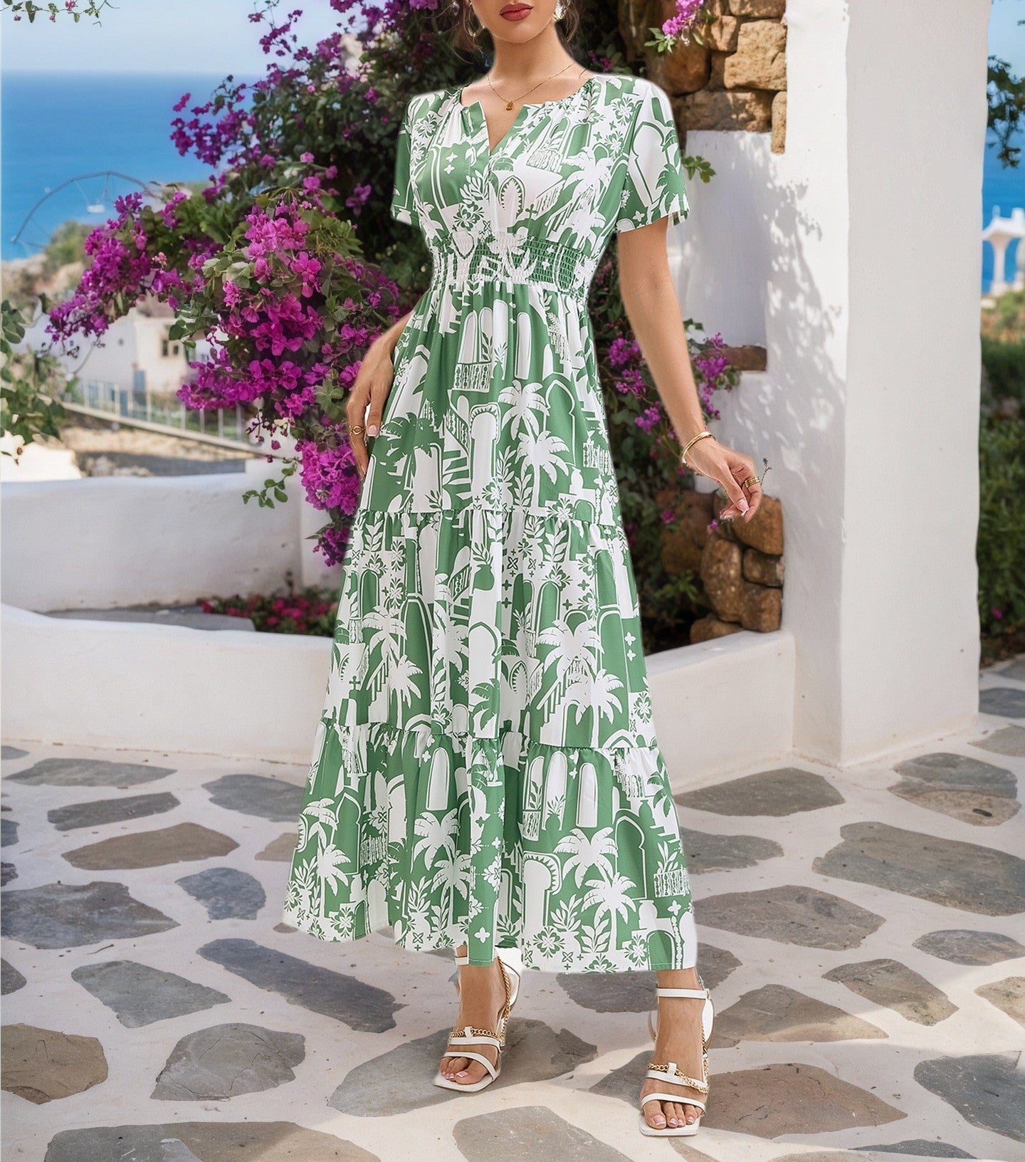 Women's Casual Printed V-Neck Waist-Cinching Summer Holiday Maxi Dress