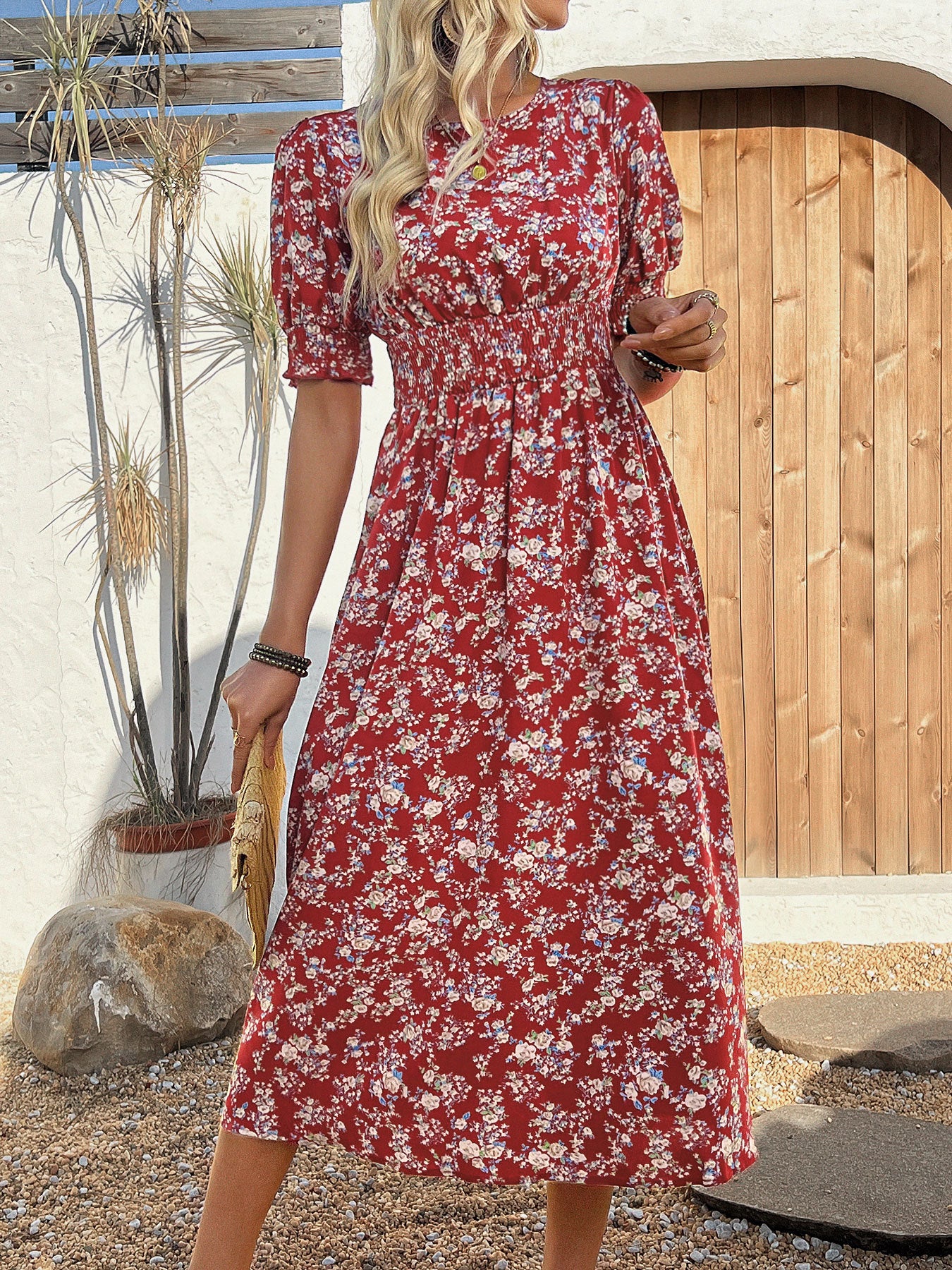 Women's Floral Puff Sleeve Summer Waist Tie Midi Dress with Flared Skirt
