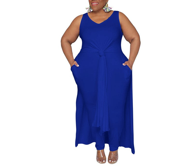 Plus Size Women's Sleeveless V-Neck Slim Skirt Suit – Solid Color Casual Set with Slit & Pockets