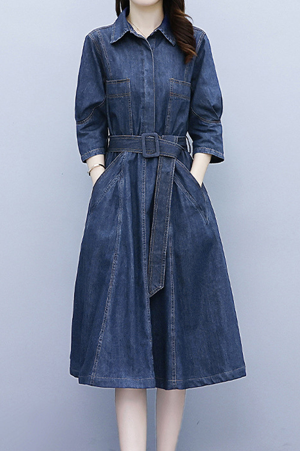 Women Stylish Collar Short Sleeve Awesome Solid Colored Mid-Length Autumn Casual Denim Dress