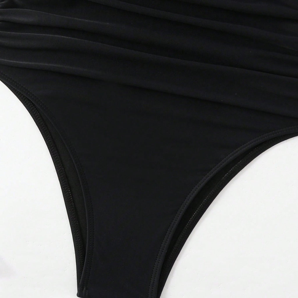Solid Color Chest Gathered Ring One-Piece Bikini Swimsuit