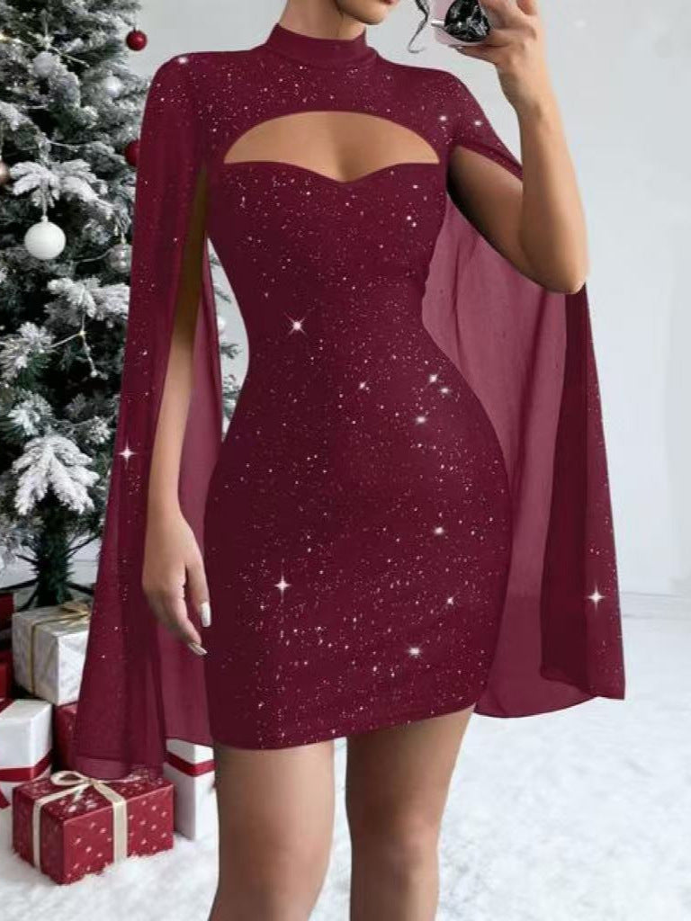 Women's Ribbed Bodycon Dress with Chiffon Cape Sleeves, Waist-Defining Midi Dress for Party, Evening, Office, and Special Occasi
