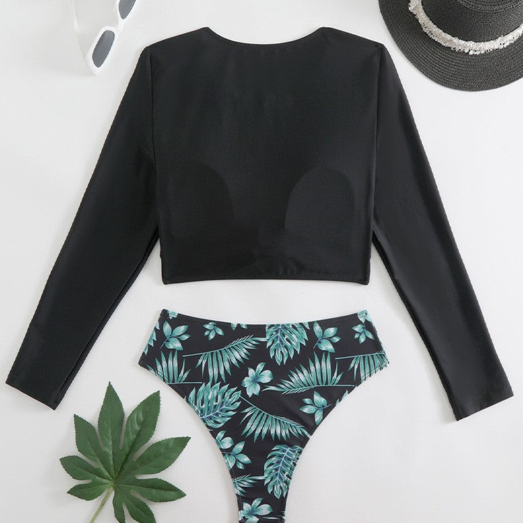 New Digital Print Cross-Pleated Long Sleeve High Collar Bikini Split Swimsuit for Women