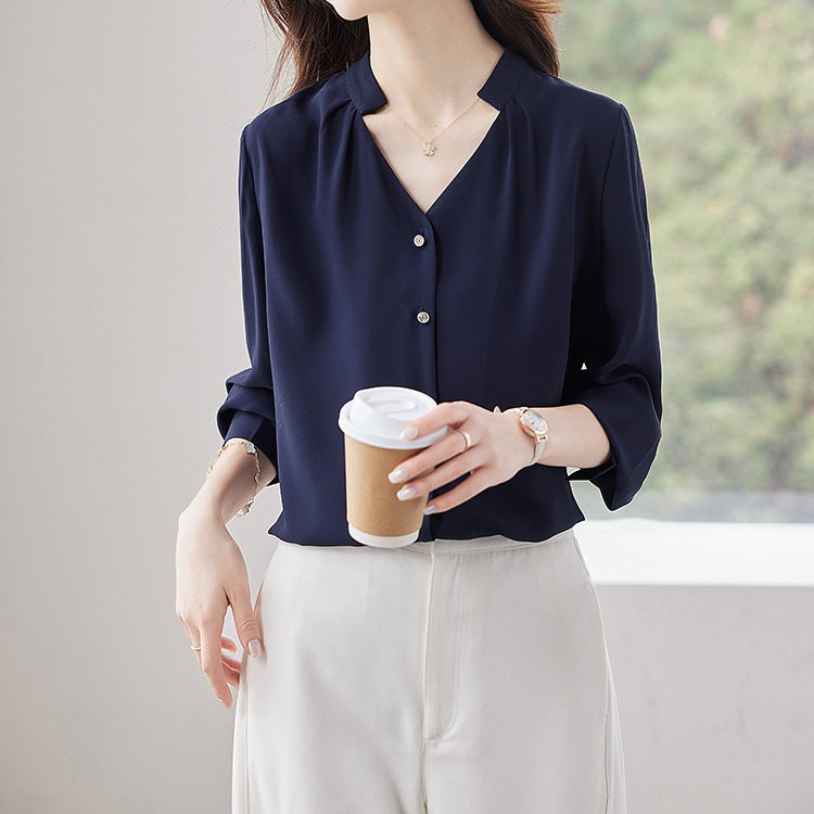 Women's V-Neck Long Sleeve Shirt - Spring & Autumn Formal Blouse