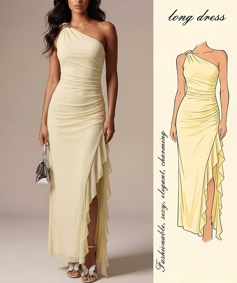 Women's 2026 Summer One-Shoulder Sleeveless Irregular Ruffle Dress – Elegant A-Line Midi Dress for Casual, Party & Vacation Wear
