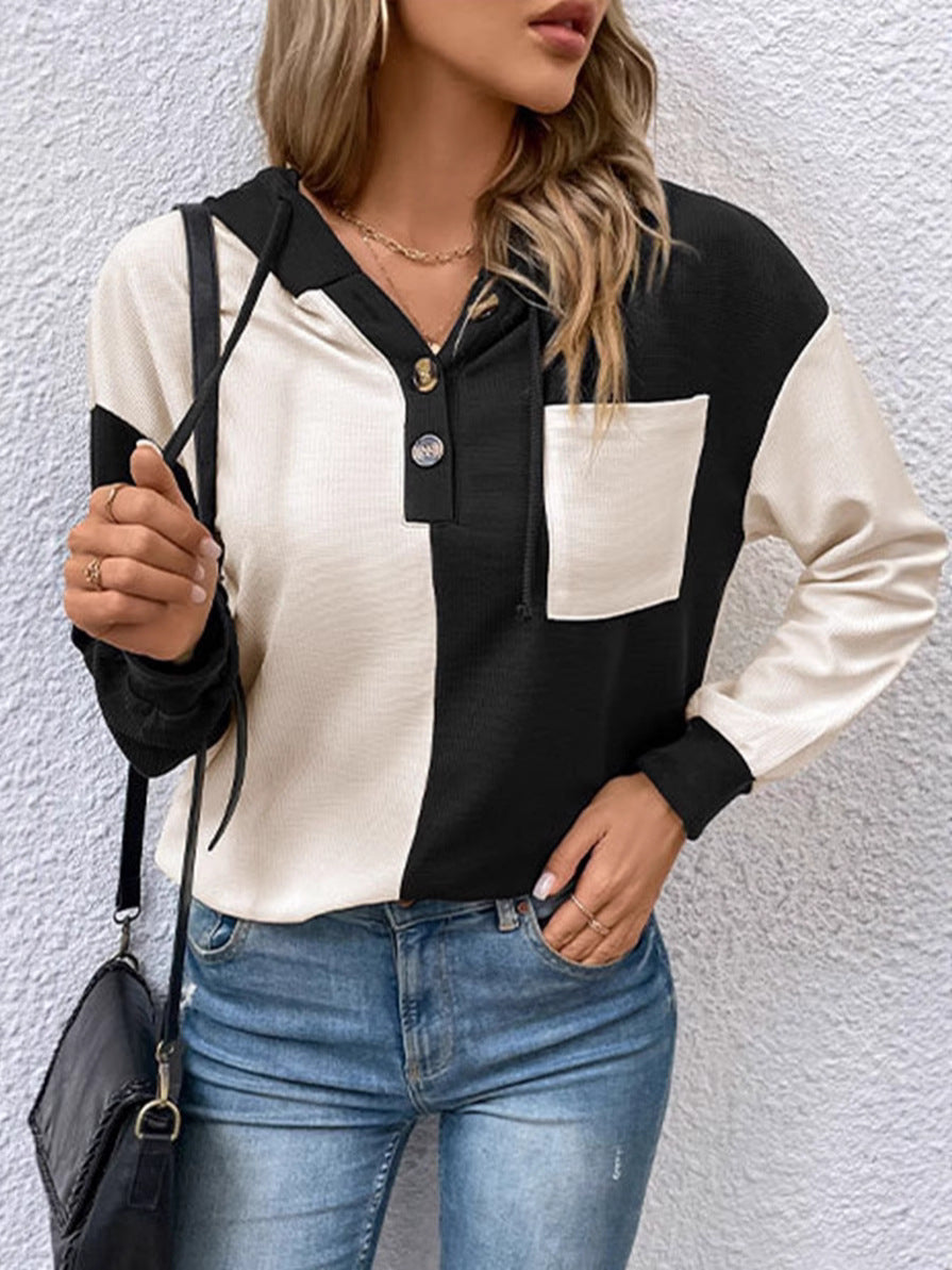 Women's Color Block Off-Shoulder Hooded Drawstring Sweatshirt – Casual Long Sleeve Sports Pullover