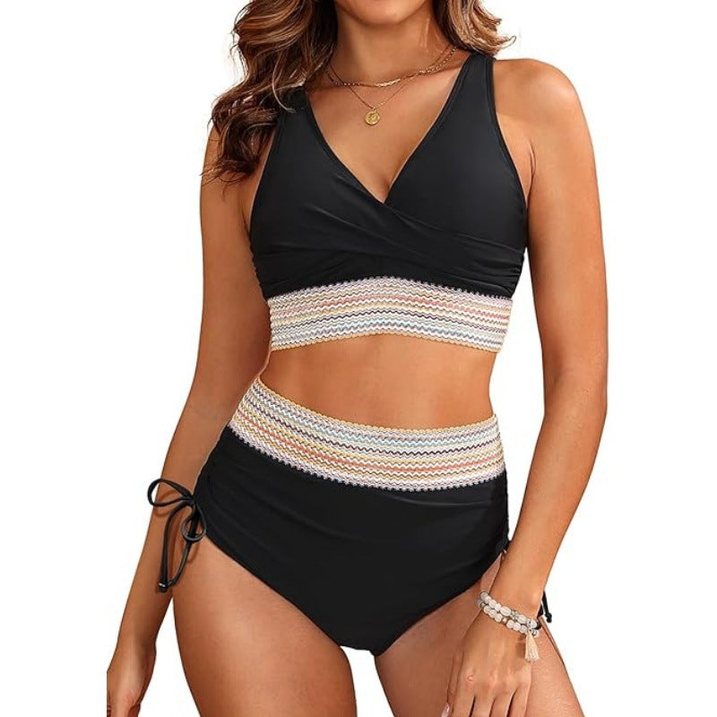 High Waist V-Collar Triangle Bikini Set with Lace-Up Detail and Split Design
