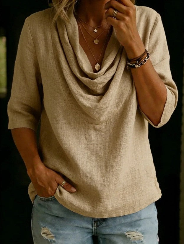 Summer Casual Loose-Fit Solid Color Mid-Sleeve Top with Stylish Stacked Collar for Women
