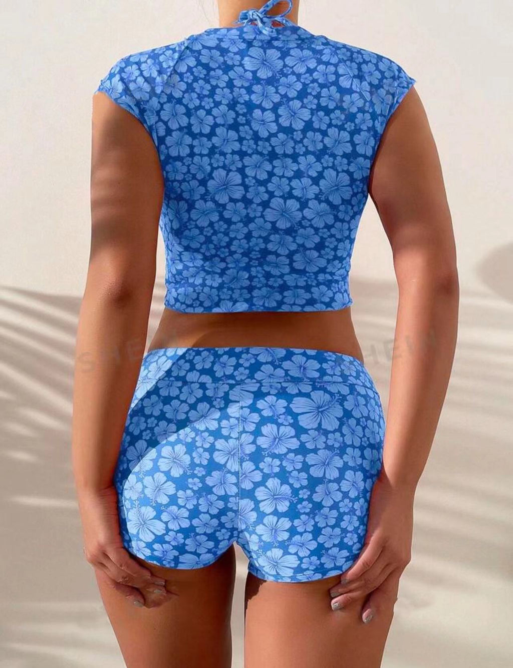 Split Shoulder Three-Piece Slim-Fit Printed Bikini Swimsuit Set