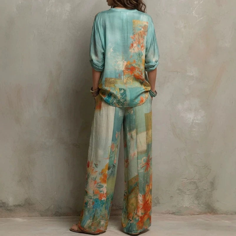 Women's Casual Resort Style Deep V-Neck Top & Wide-Leg Pants Two-Piece Set