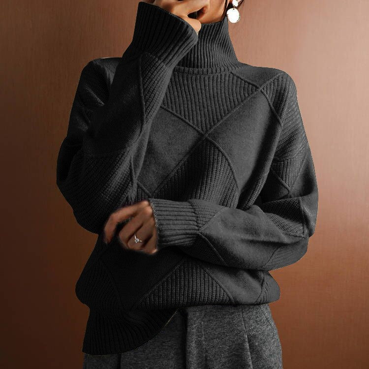 Women's Loose Elegant High-Neck Knitwear - Solid Color Commuter Sweater