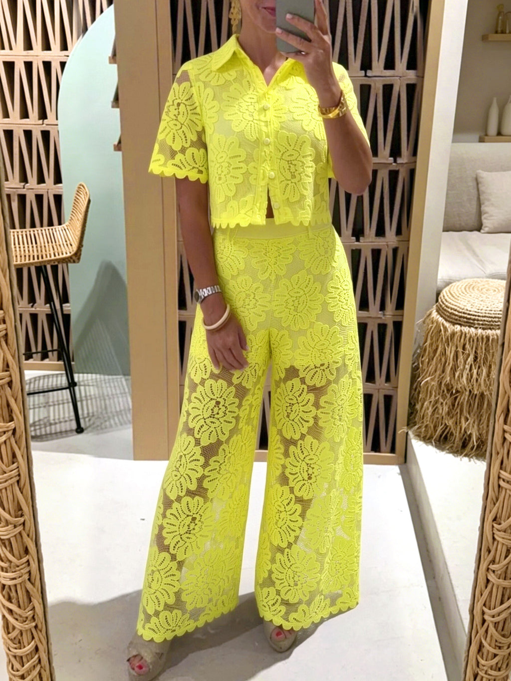 Women's Lace Short Sleeve Turn-Down Collar Top and High-Waisted Long Pants Two-Piece Set