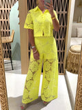 Women's Lace Short Sleeve Turn-Down Collar Top and High-Waisted Long Pants Two-Piece Set
