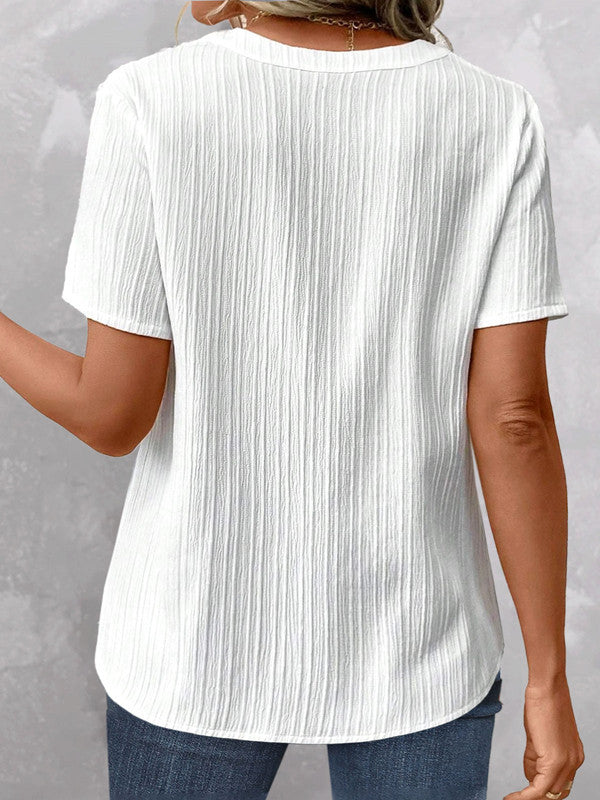 Women's Summer Lace Patchwork V-Neck Hollow-Out Short Sleeve Blouse – Lightweight Casual Elegant Top