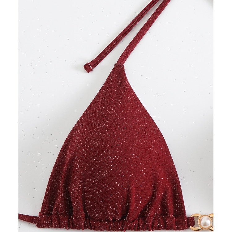 New Solid Color Drawstring Lace Neck Bikini Split Swimsuit
