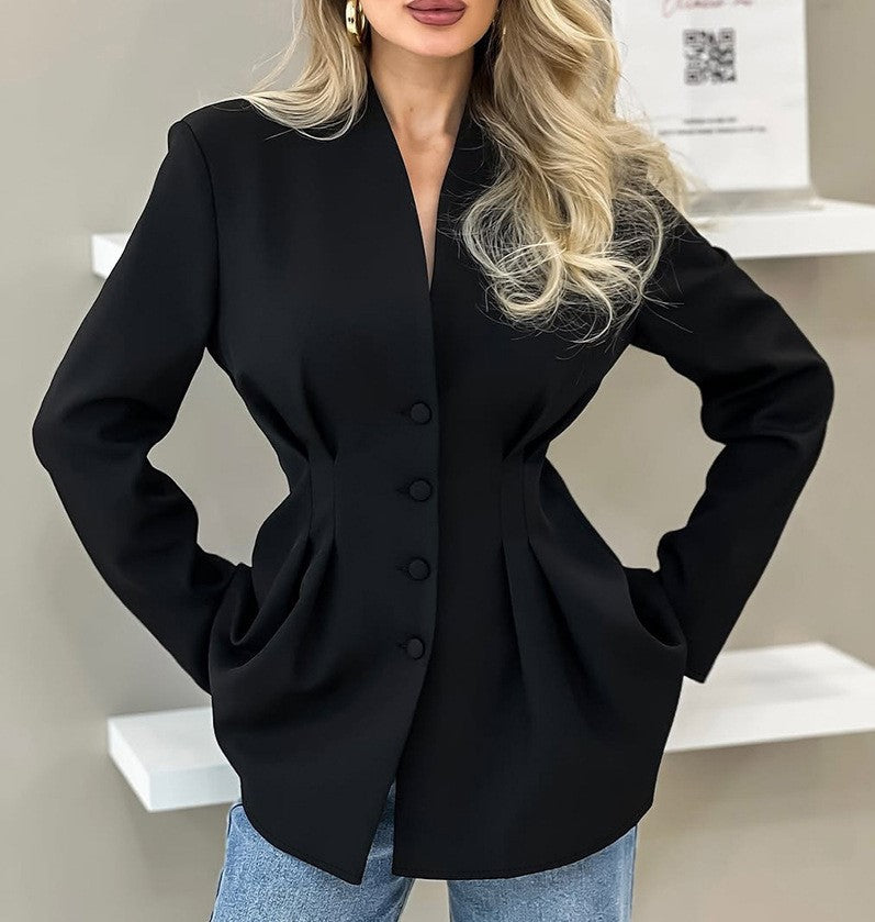 Autumn Women's Elegant V-Neck Slim Waist Tailored Blazer Jacket