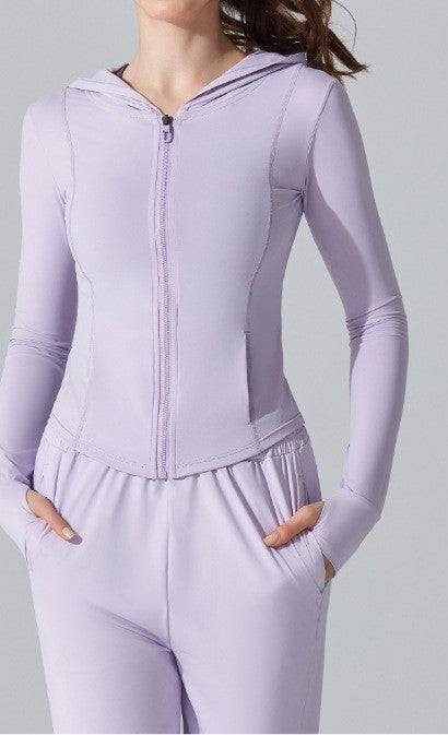 Summer Ice-Feel Original Yarn Sunscreen Hooded Sports Jacket - Lightweight Long Sleeve Tight-Fit Yoga & Running Top
