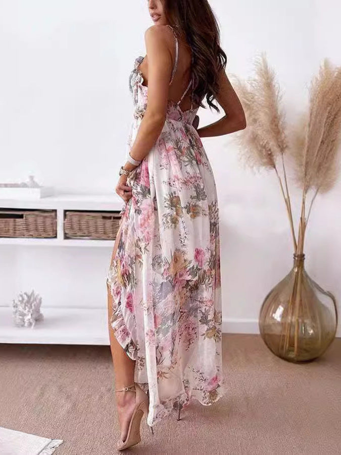 Women's Printed V-Neck Sleeveless Backless Strap Dress