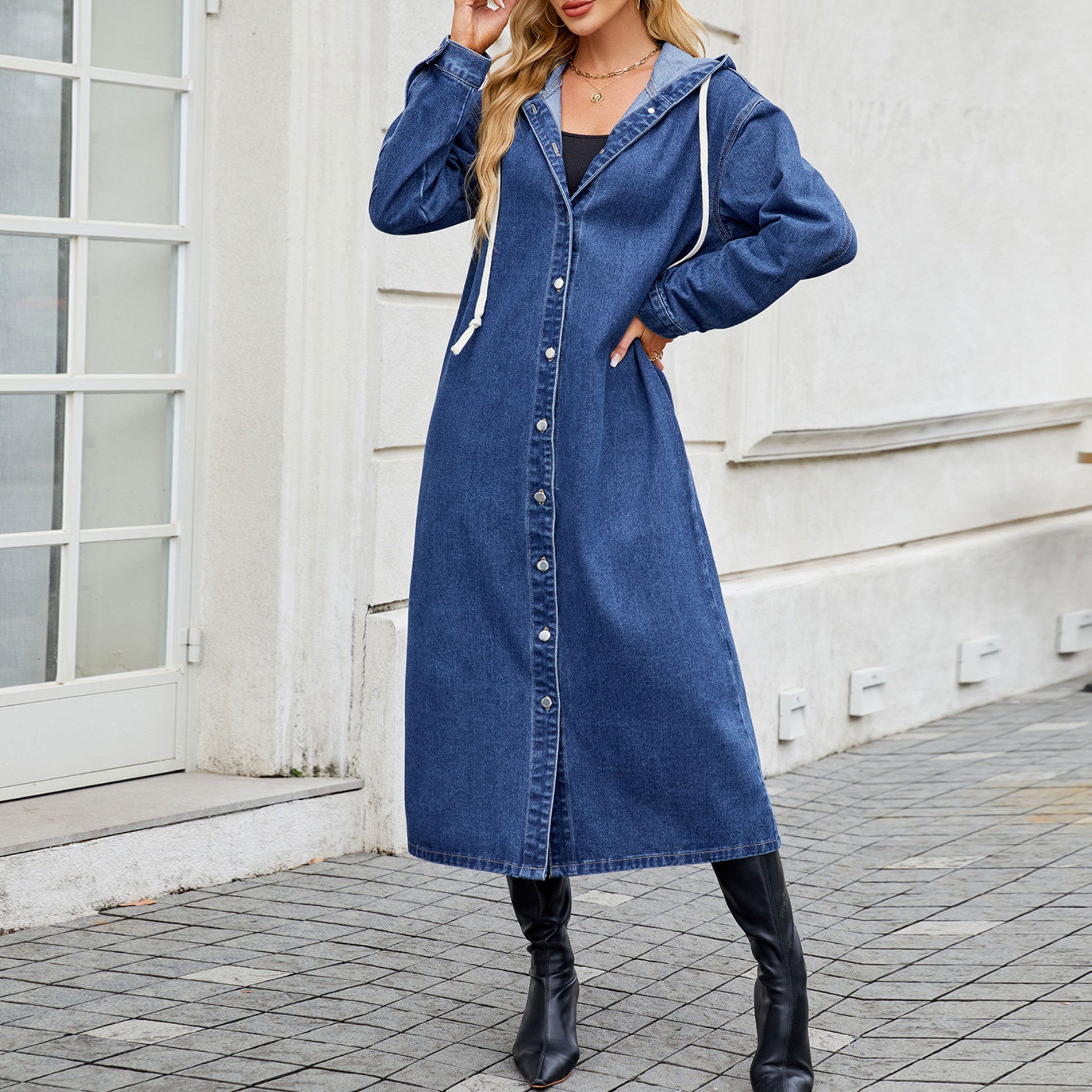 Women’s Washed Long Denim Jacket with Hood – Lightweight Spring & Summer Windbreaker Coat