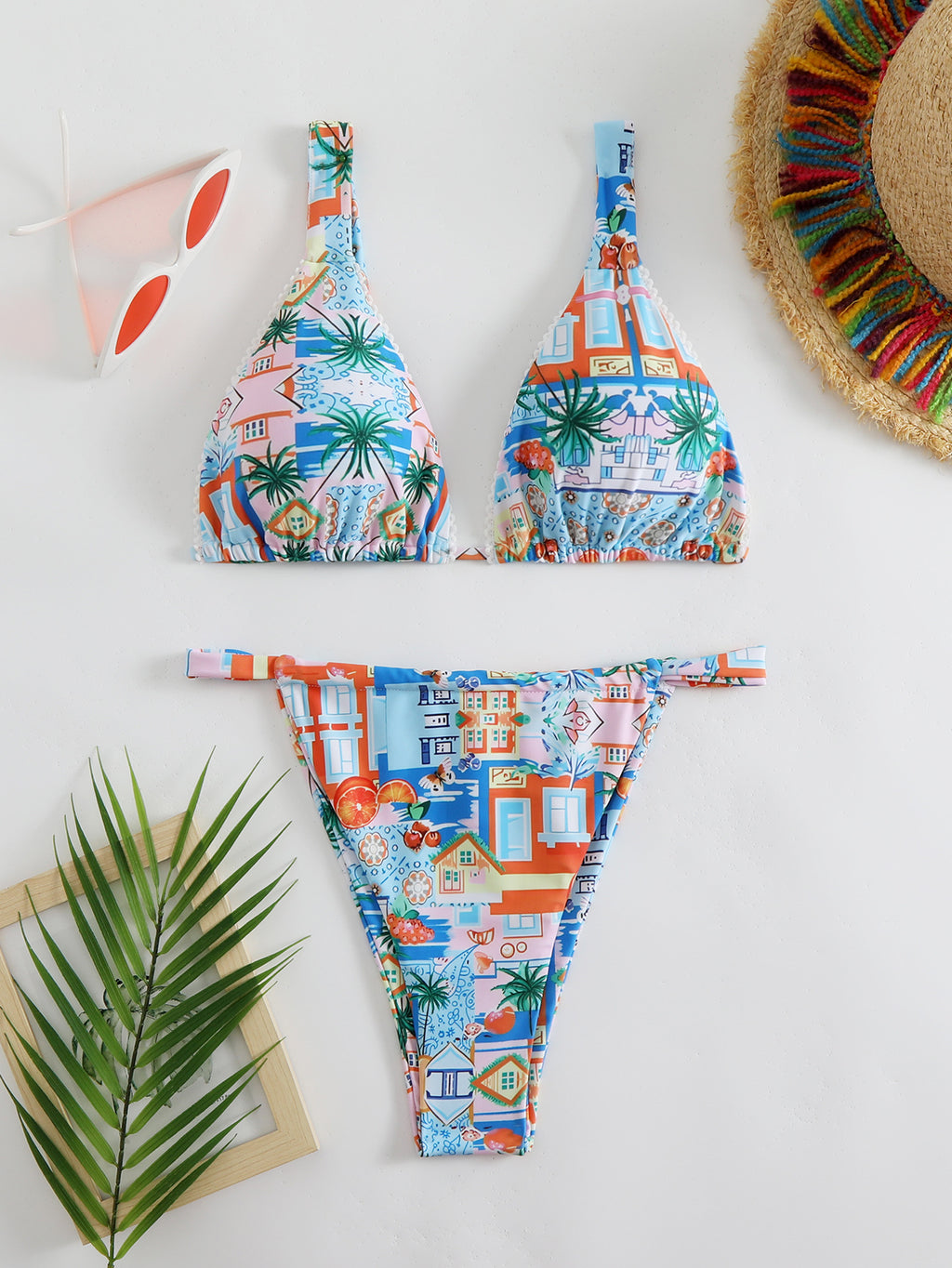 New Digital Print Double Shoulder Strap Deep V Neck Bikini Split Swimsuit