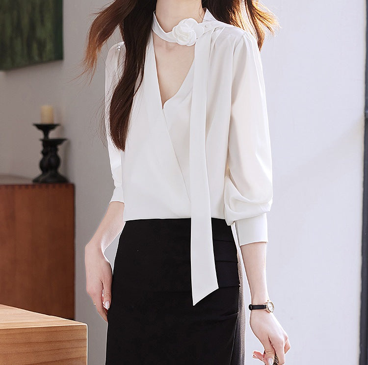 Women's Ruffled Strap Chiffon Shirt - Stylish Elegant Long Sleeve Top