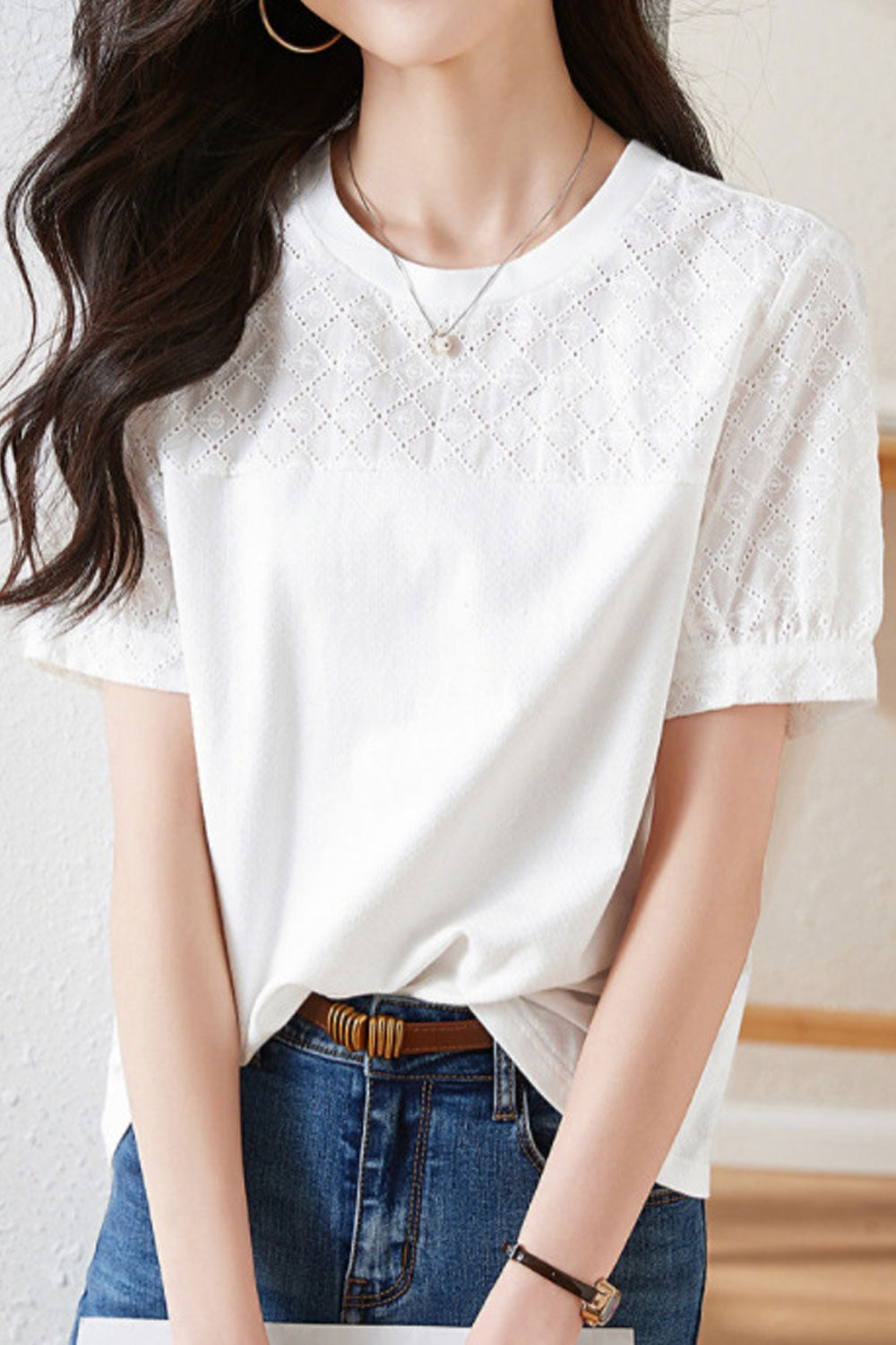 Women Cotton Embroidery Stitching Summer New Solid Color Short Sleeves Blouse