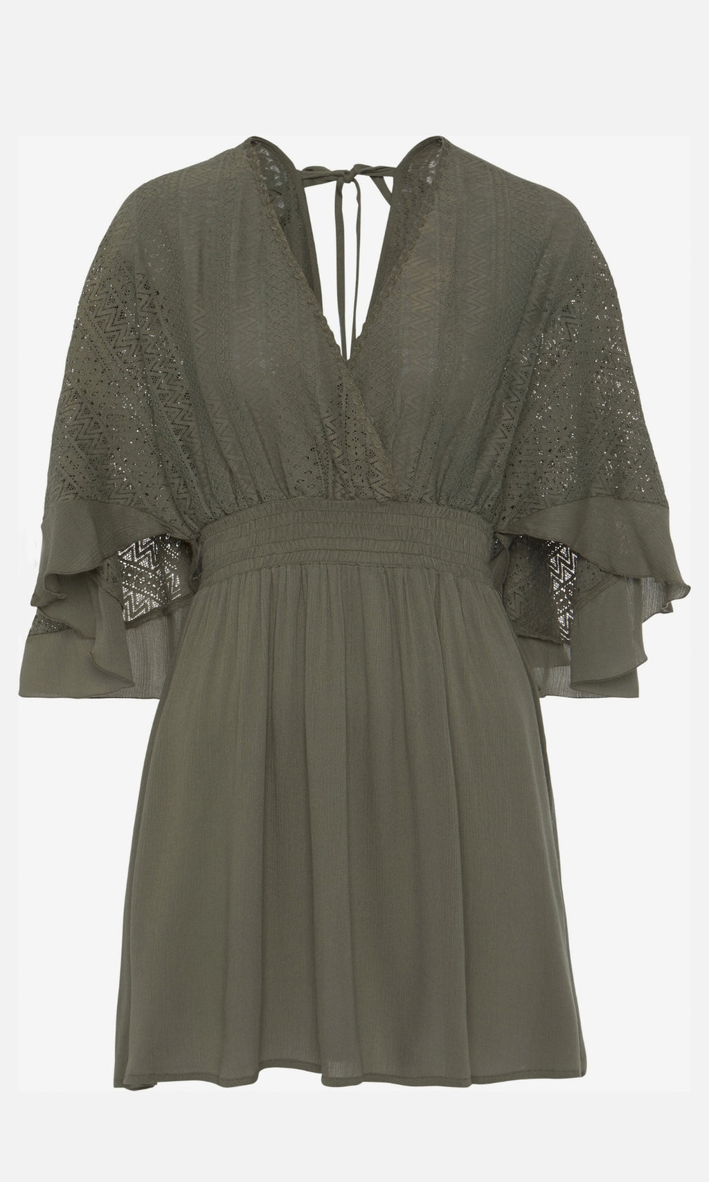 Women's Lace Patchwork Batwing Sleeve V-Neck Tie Back Elastic Waist Casual Dress