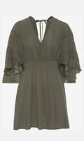 Women's Lace Patchwork Batwing Sleeve V-Neck Tie Back Elastic Waist Casual Dress