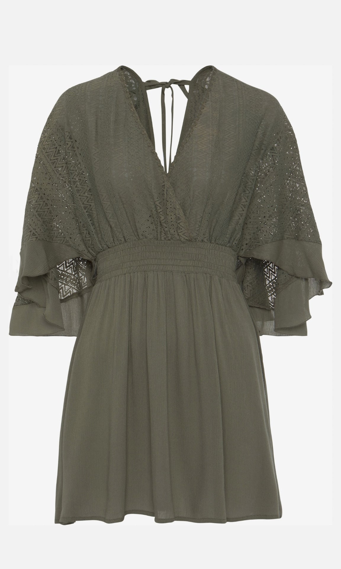 Women's Lace Patchwork Batwing Sleeve V-Neck Tie Back Elastic Waist Casual Dress
