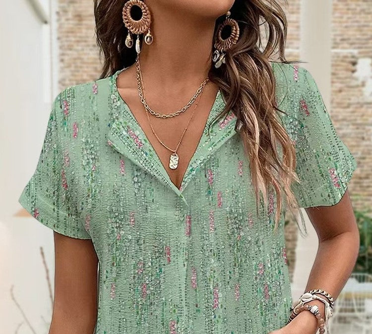 New Summer Printed V-Neck Short-Sleeved Loose Casual Top for Women – Lightweight Comfortable Everyday Wear Blouse