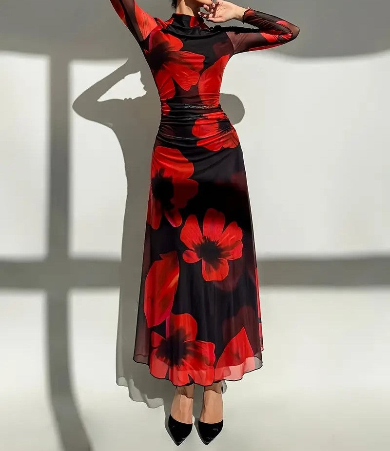 Women's Autumn Floral Print Mesh Panel Long Sleeve Slim Fit Elegant Midi Dress