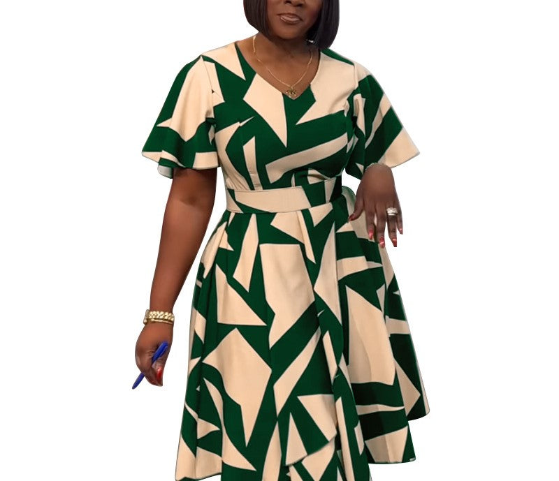 2025 Spring Summer Elegant Women's V-Neck Digital Print Slit Dress – Chic Lightweight Casual Maxi Dress