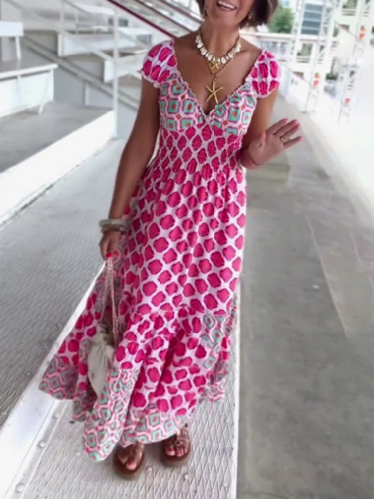 Women's Summer Print V-Neck Short Sleeve Elegant Dress