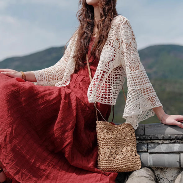 Women's Summer Bohemian Hollow-Out Long Sleeve Beach Vacation Cover-Up Top