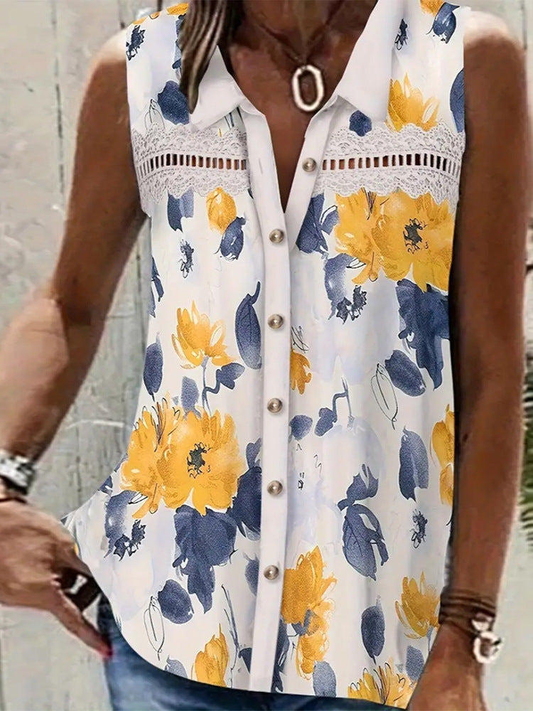 Summer Printed Cut-Out Sleeveless Lapel Button Shirt Top for Women Casual Lightweight Blouse