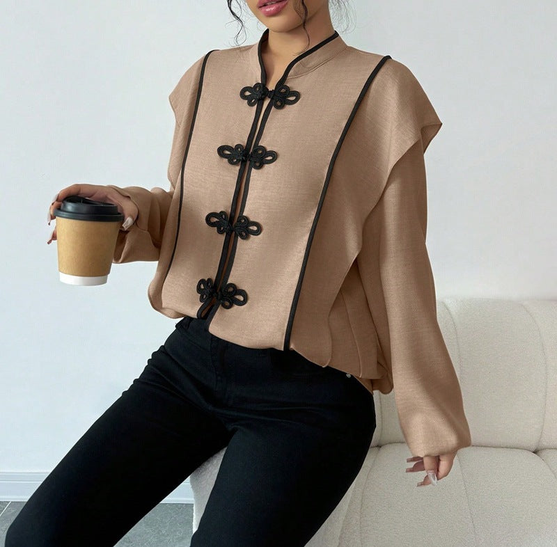 Women's Chinese-Inspired Stand Collar Button Front Solid Color Short Jacket
