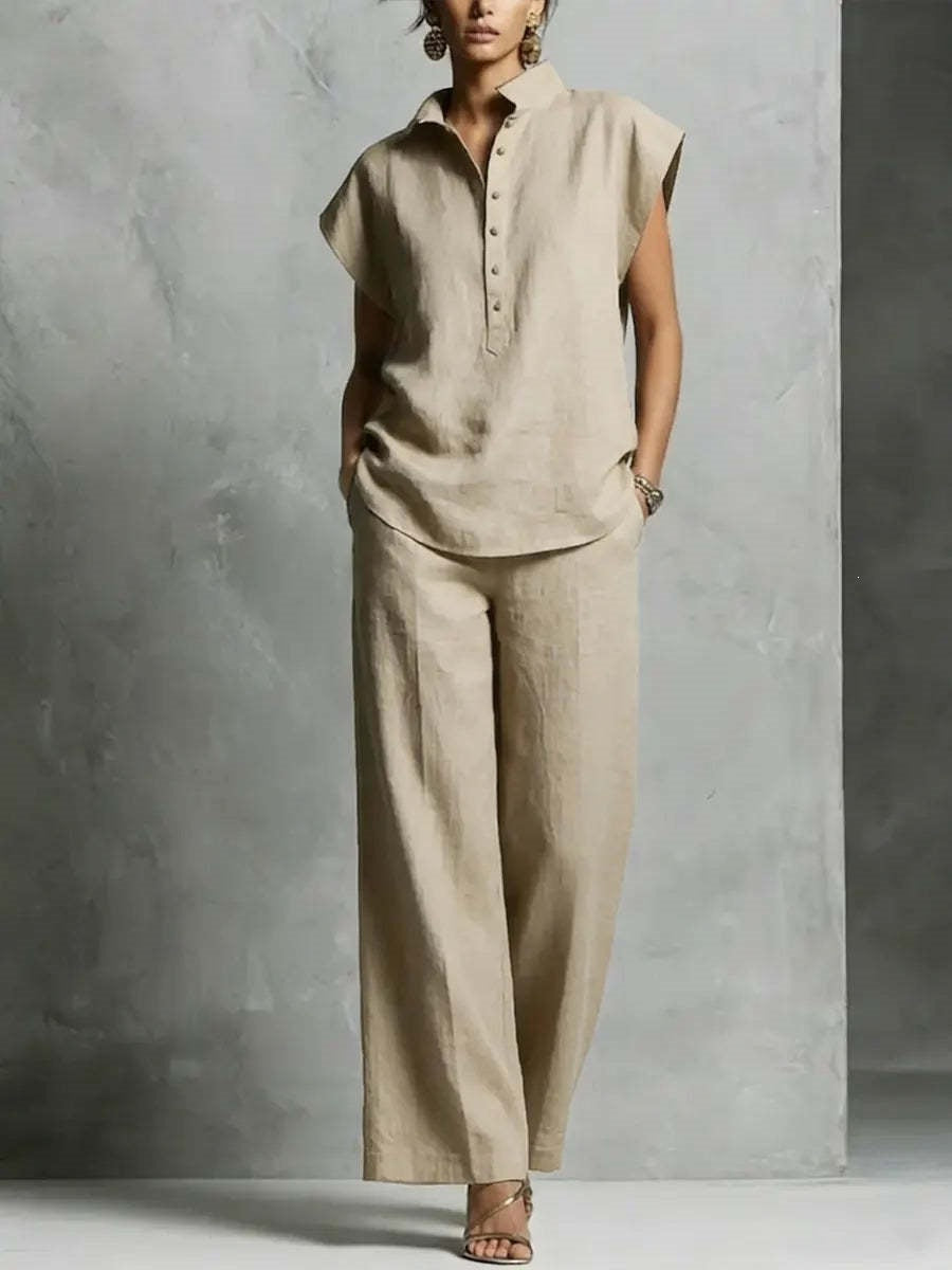 Women's Casual Short-Sleeve Cardigan & Long Pants Solid Color Lounge Set