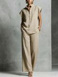 Women's Casual Short-Sleeve Cardigan & Long Pants Solid Color Lounge Set