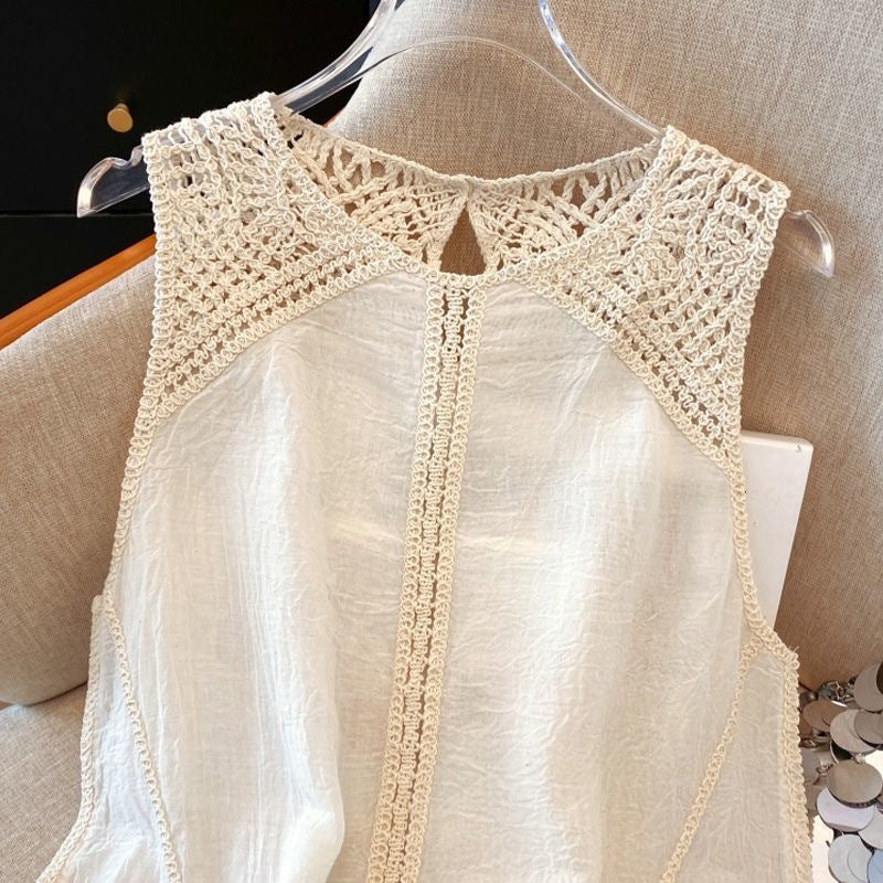 Summer Women's Crochet Lace Patchwork Sleeveless Vest Top – Elegant Hollow-Out Lightweight Casual Blouse