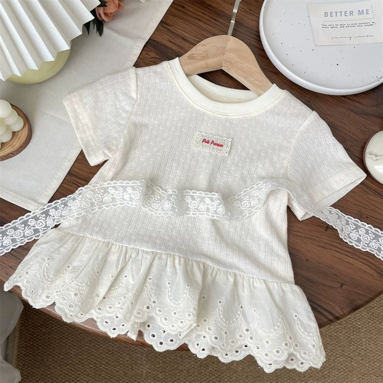 Girls Summer Short-Sleeved T-Shirt – Baby Lace Letter Patch Casual Top - RAC26JP5486BATT