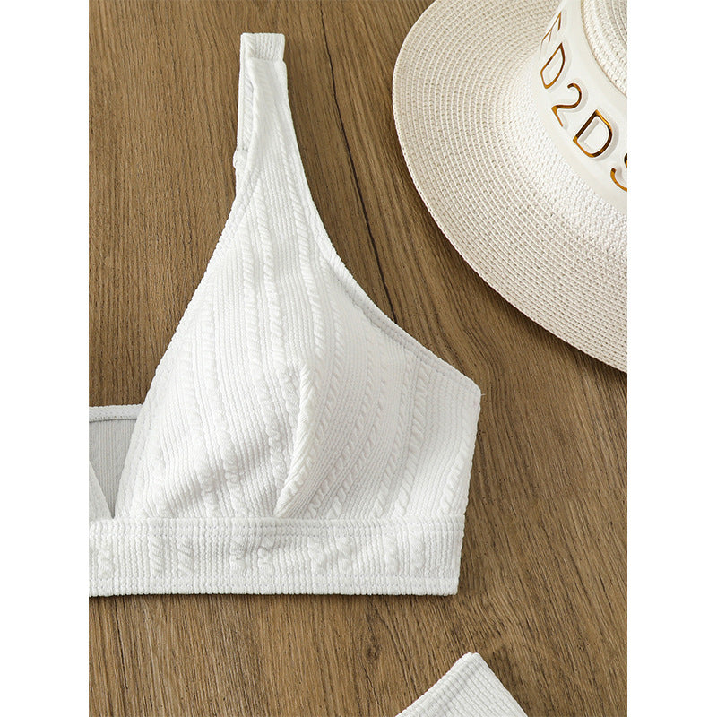 New Solid Color Backless Deep V Neck Bikini with Shoulder Straps and Split Design