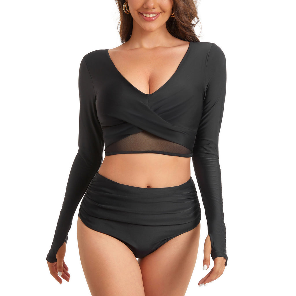 Women's Long Sleeve Surfing Swimsuit – Sexy One-Piece Diving Suit with Sun Protection – Solid Black Bikini-Style Swimwear