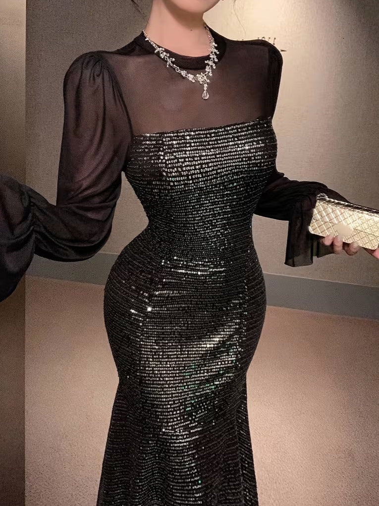 Women's Elegant Sequin Chiffon Spliced Banquet Dress – Long Sleeve Slim Fit Party Midi Dress