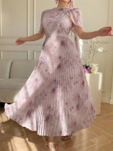 Women's Elegant Floral Pleated Maxi Dress with Ruffle Details, Waist-Defining Fit, Romantic Long Dress