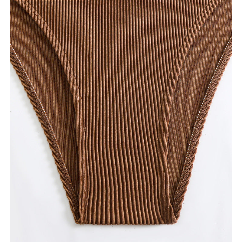 Solid Color Striped Low-Cut Shoulder Strap Bikini Split Swimsuit