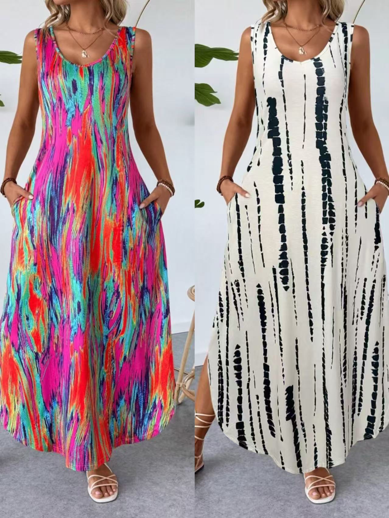 Summer Women's Sleeveless Printed Maxi Dress – Slim Fit Long Vest Style Casual Fashion Dress